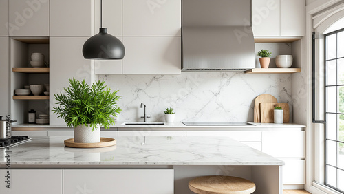 kitchen with white cabinets and a marble counter top. 