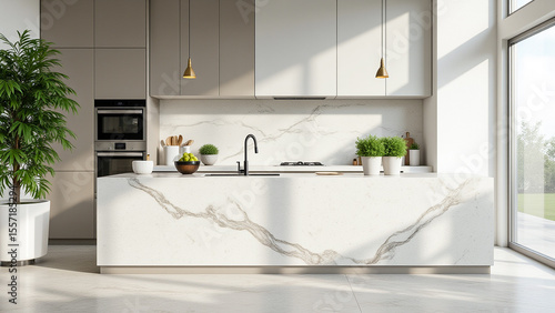 modern kitchen with a large island in the middle of it. 