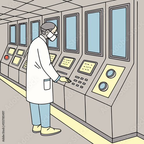 a man wearing a mask and standing in front of a machine

