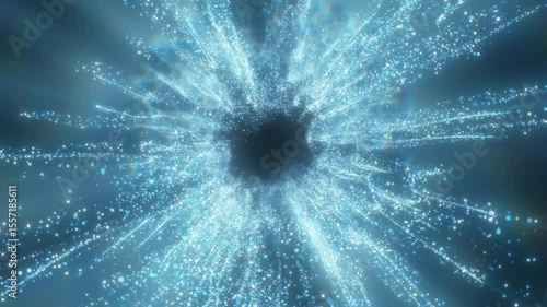 4k 3D animation of blue glowing particles radiating outward from the center on a dark background. Perfect for technology, hi-tech, luxury and winter celebration visuals.