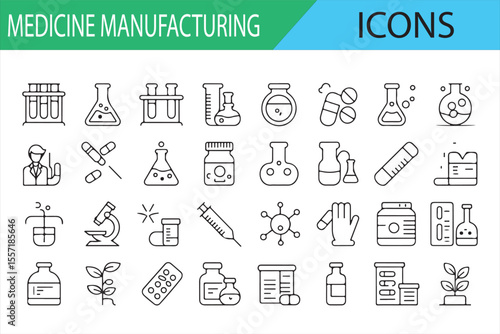 Pharmaceutical Manufacturing Icons for Medicine Production