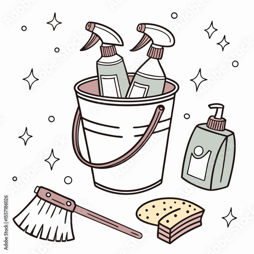 a bucket of cleaning supplies
