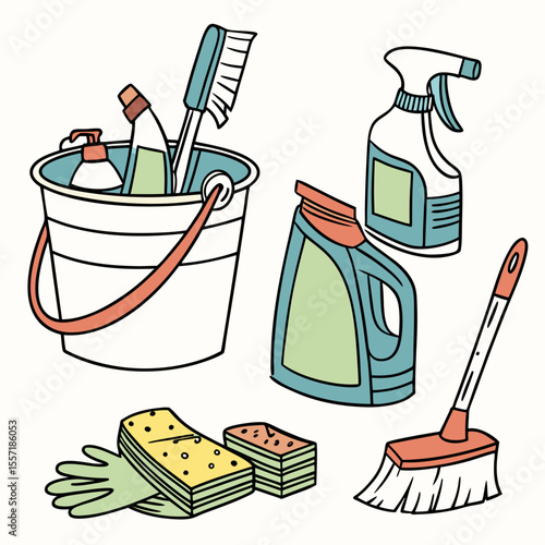 a bucket and brush and cleaning supplies
