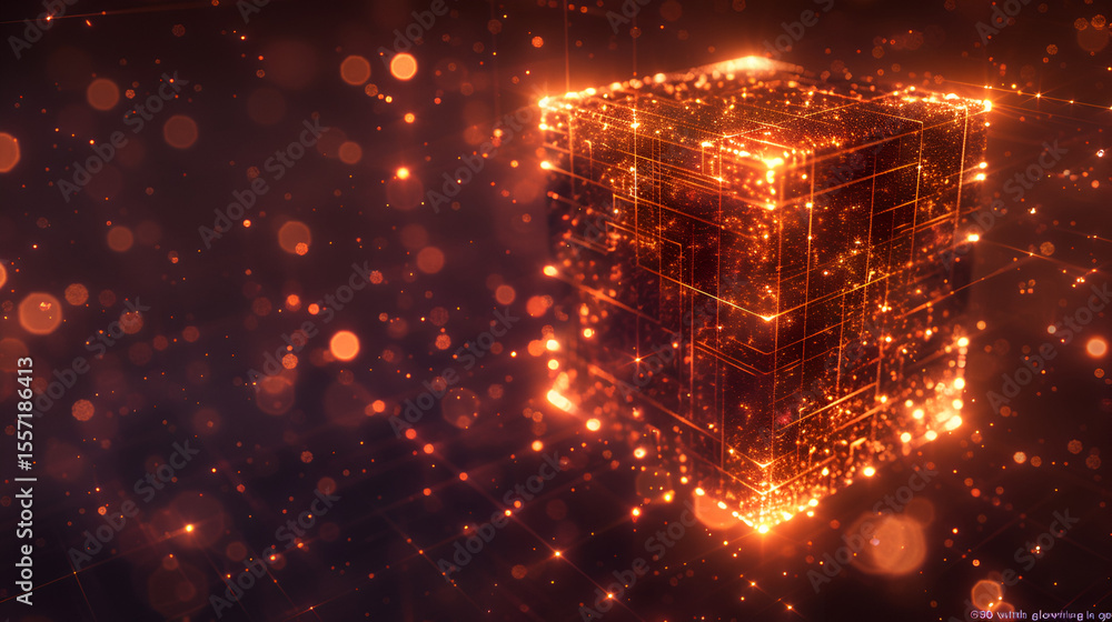 Obraz premium Glowing cube structure with intricate lines and bokeh lights in a dark orange environment