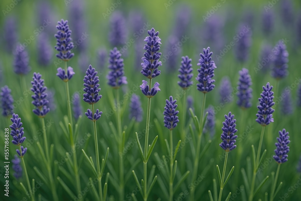 Naklejka premium Natural outdoor scene showcasing blooming green leaves and lavender for background use, close-up view