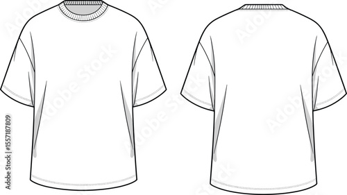 Oversized t-shirt flat sketch, front and back view, fashion technical drawing, blank white tee template, CAD vector illustration