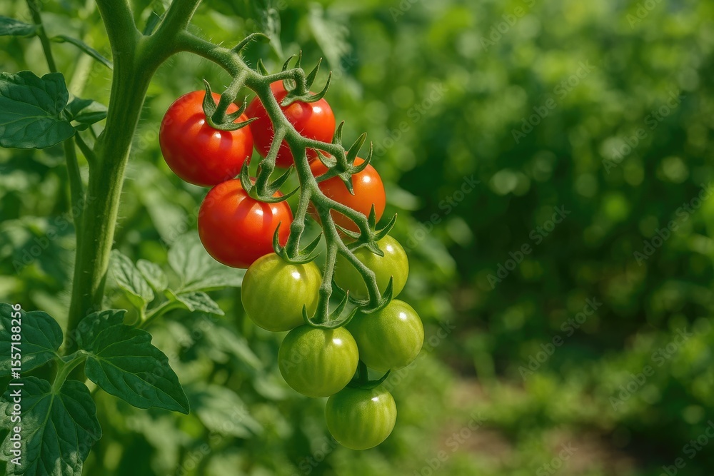 Vine-ripened cherry tomatoes growing in a home garden Vine-ripened cherry tomatoes growing in a home garden