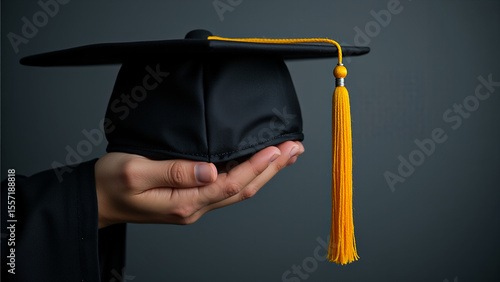 person holding a black graduation cap with a yellow tassel in their hand.