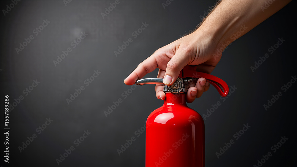 Obraz premium person holding a red fire extinguisher in their hand against a black background.