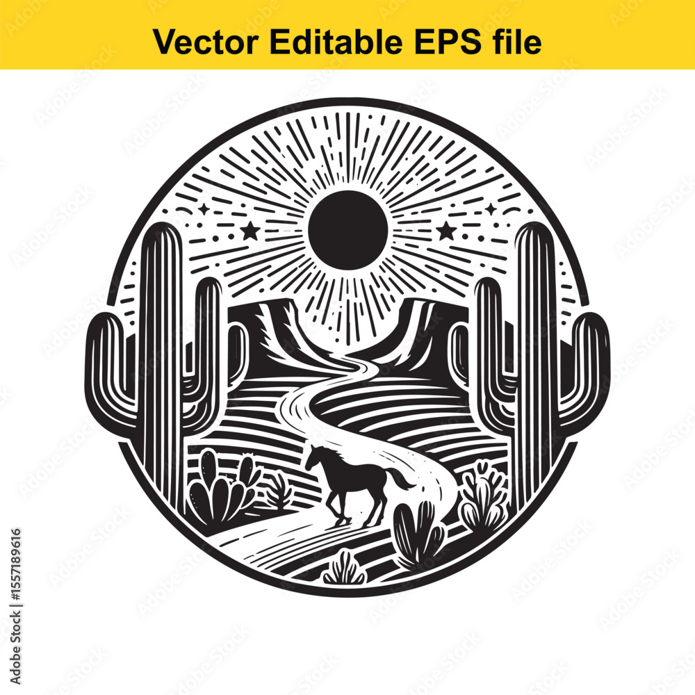 Fototapeta premium Monochrome Cowboy Desert Landscape with Cactus and Mountain Silhouette in Circular Frame – Black and White Western Vector Illustration