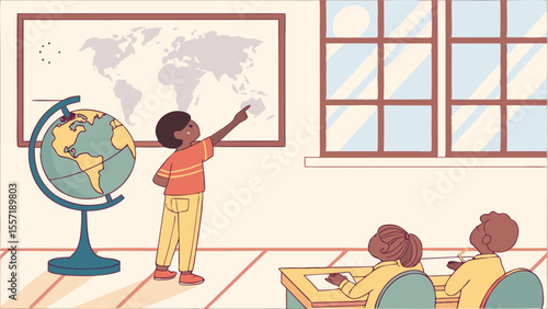 Illustration of a classroom with a boy pointing at a world map and students at desks learning geography