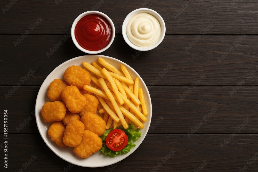 Crispy chicken bites served with crispy fries and dipping sauces on a rustic wooden surface, empty space available Crispy chicken bites served with crispy fries and dipping sauces on a rustic wooden surface, empty space available