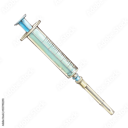 Disposable medical syringe without medicine with a needle closed with a cap. Watercolor style illustration on a white background. Sketch with outline for the concept of vaccination, injection