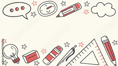 Hand drawn school supplies with speech bubble clock pencil ruler and lightbulb on cream background artful design