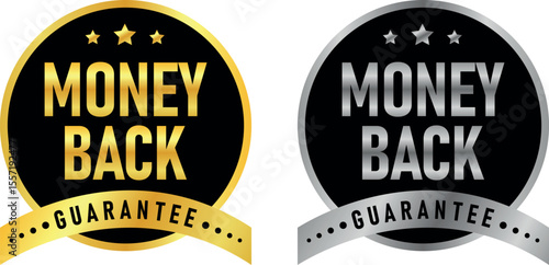 gold and silver money back guarantee labels with stars on black background in badge design	