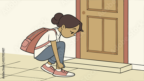 Girl squatting tying shoelaces near a wooden door with a backpack before leaving for school today
