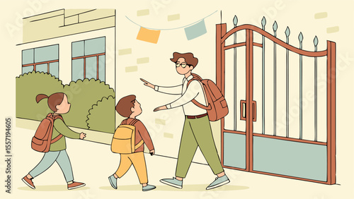 A teacher greets two students with backpacks near a gate and building with decorations outside school
