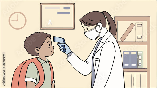 Doctor in lab coat and mask using a thermometer on a child with a backpack in a doctor's office setting