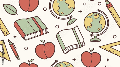 Illustration of school supplies including books globes apples and rulers in a repeating pattern design