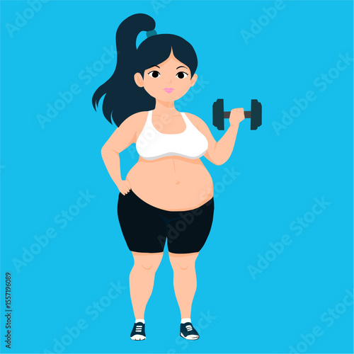 An illustration depicting a cheerful, plus-size pregnant woman in sportswear lifting light dumbbells