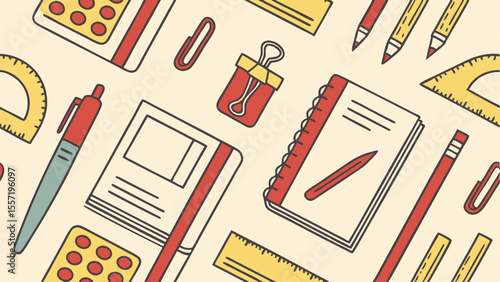 Seamless pattern featuring stationery items like notebooks pencils rulers and office supplies scattered randomly around