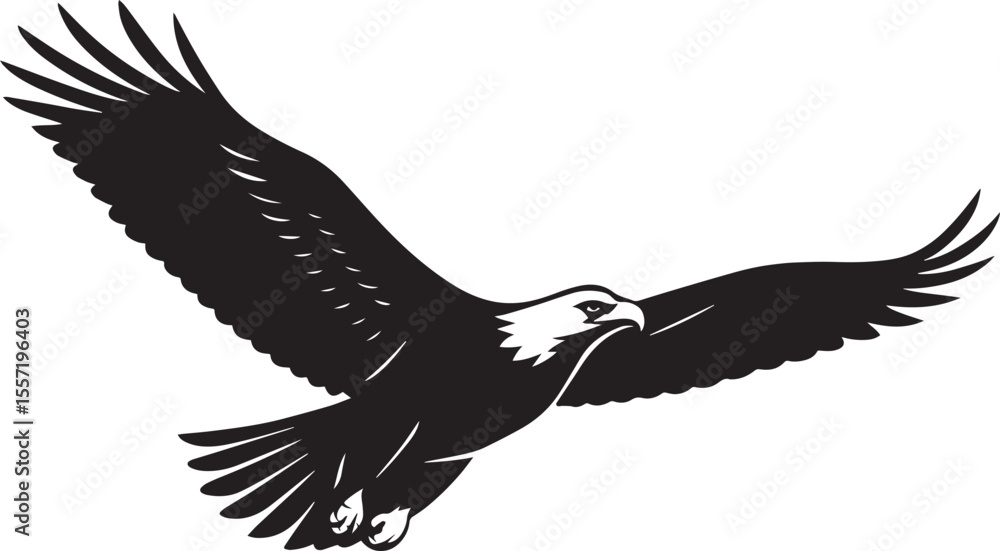 Obraz premium Soaring Eagle Silhouette with Outstretched Wings – High Detail Vector, Graceful Flying Eagle in Black and White – Symbol of Power and Freedom