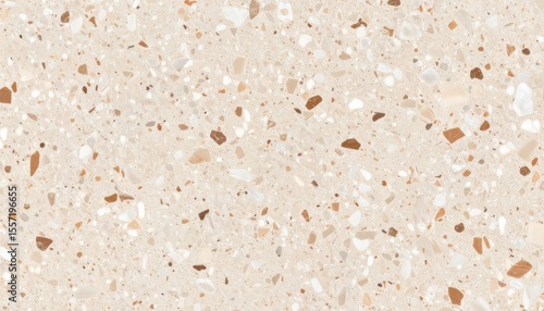 Smooth terrazzo background in warm beige with tiny mineral speckles in cinnamon, ivory, and soft blush scattered evenly