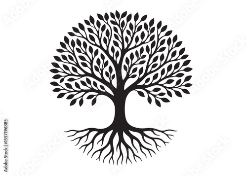 Tree of life logo silhouette vector, tree life logo icon silhouette, round tree of life with roots and branches vector, simple black tree of life silhouette logo vector on a white background.
