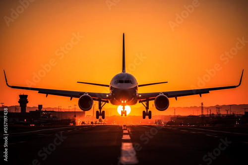A commercial airplane is captured in a frontal view descending towards a runway at sunset The sun a bright orb is positioned directly behind the aircraft creating a striking silhouette