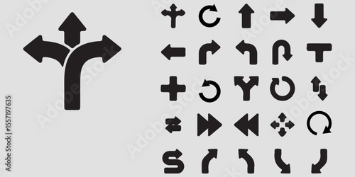 Road traffic direction arrows flat set. You-turn, left, right, two way, three way transportation direction arrow symbol. decision icon vector Trafic way icon