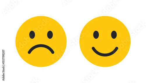 Happy and sad emoji face icon. Happy and sad smiley faces vector icon. Emoticon icon set. Vector illustration