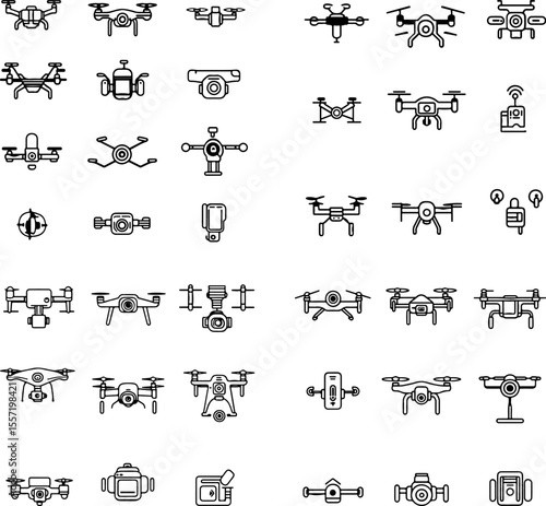 drone icons UAV unmanned aerial vehicle flying drone quadcopter drone camera aerial view drone flight drone technology remote control drone navigation drone pilot drone delivery flyin
