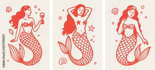 Whimsical mermaid poster set. Hand drawn coastal illustrations