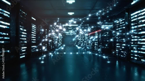 A futuristic server room is depicted, with glowing lines connecting servers, creating a visualization of a network's intricate connections and data flow within a modern data center.