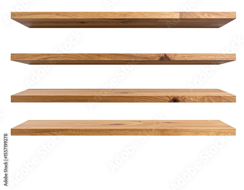 Natural wood and white floating shelves for modern decor, isolated on transparent background PNG