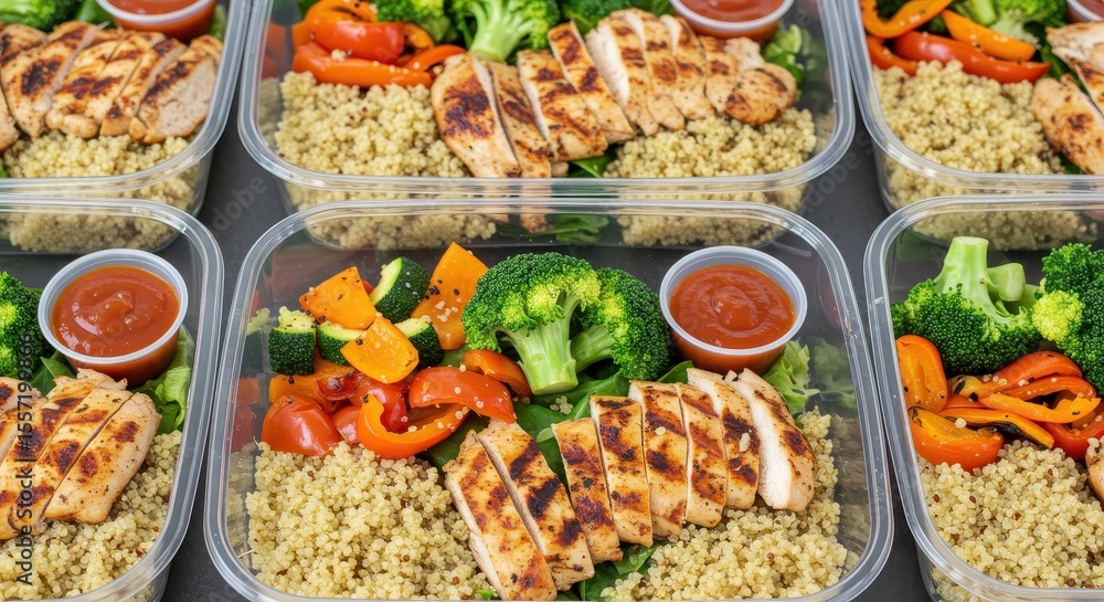 Healthy Meal Prep with Grilled Chicken, Quinoa, Fresh Vegetables, and Sauce in Clear Containers for Balanced Nutrition Healthy Meal Prep with Grilled Chicken, Quinoa, Fresh Vegetables, and Sauce in Clear Containers for Balanced Nutrition