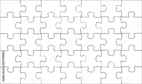 Puzzle template on a white background of 5 by 7 pieces. Mockup for printing a composite jigsaw puzzle vector drawing.