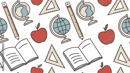 Seamless pattern featuring school supplies such as globes rulers apples books and triangles scattered around