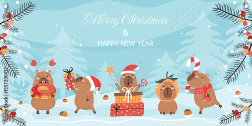 Winter holiday background with hand-drawn, funny capibaras. Holiday concept. Vector design for postcards, banners, posters, covers, and more.
