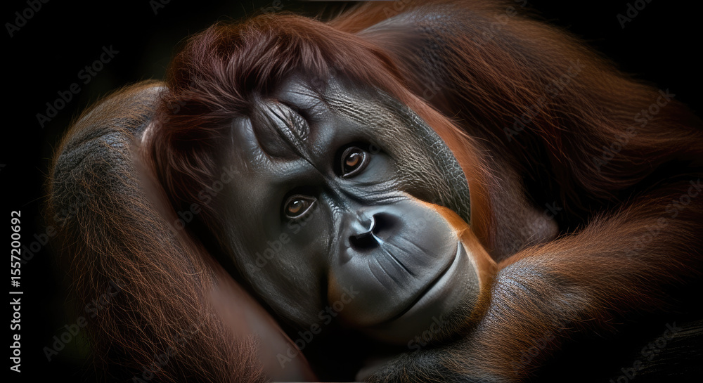 Close-up portrait of a thoughtful orangutan resting peacefully in a dimly lit natural habitat Close-up portrait of a thoughtful orangutan resting peacefully in a dimly lit natural habitat