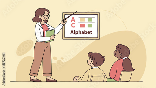 Teacher instructing alphabet to students in classroom with board and pointer stick illustration design
