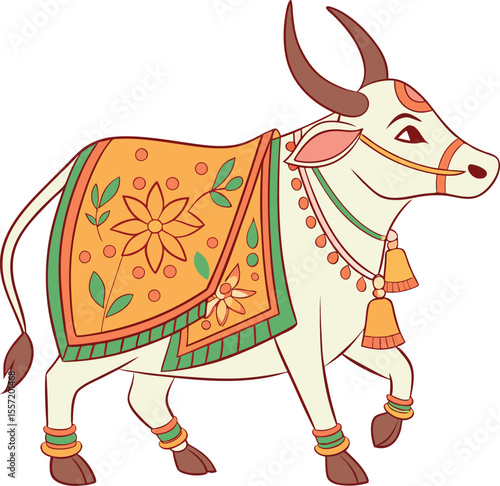 Festive Indian Cow Illustration with Ornate Blanket and Bells Decoration