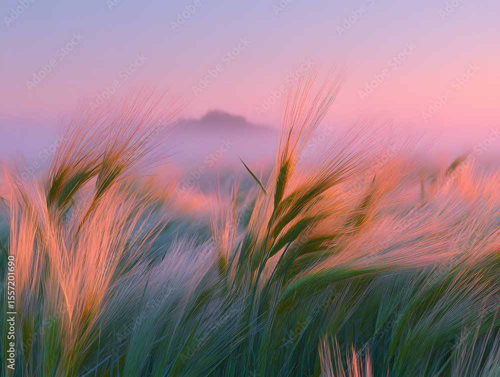Naklejka premium sunset over barley field.