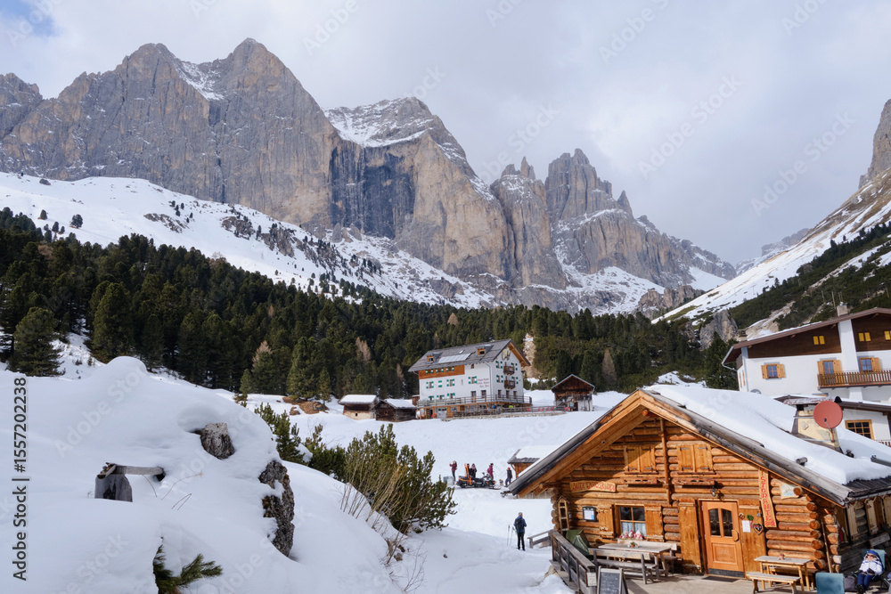 Fototapeta premium March 2025: View of the Rosegarden from the Vajolet valley, Catinaccio and Gardeccia, Trentino, Italy, Europe.