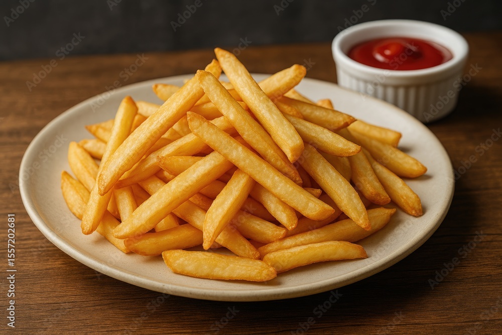 Plate of crispy French fries made from hand-cracked potatoes Plate of crispy French fries made from hand-cracked potatoes