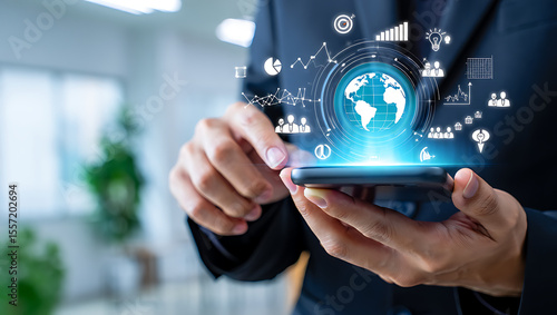 Businessman's finger touches a virtual screen with a social network icon representing global business communication and future digital technology