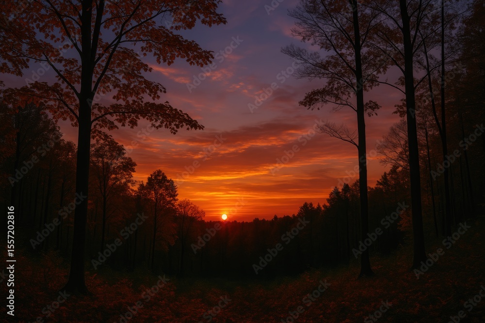 Evening Sunset and Falling Leaves Transitioning into Night Evening Sunset and Falling Leaves Transitioning into Night