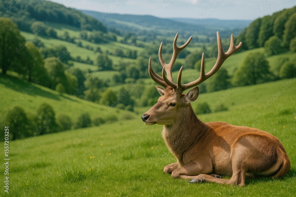 Naklejka premium A deer lying peacefully on a hilltop with a scenic valley below