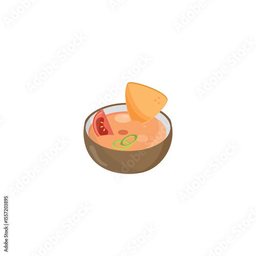 This icon illustrates a brown bowl filled with a tomato-based dip or soup, possibly salsa or gazpacho. The bowl is garnished with a tomato slice, green onion, and a tortilla chip. The soft, colorful s