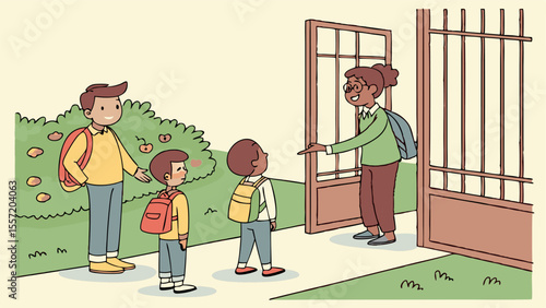 Children with backpacks entering a gate greeted by a woman with glasses and a backpack outside in daytime